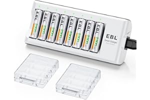 EBL Caricabatterie con 8 Slot per AA e AAA NI-MH Batterie Ricaricabili, Caricatore Intelligente con LED per Pile Ricaricabili,Confezione con 2300 mAh AA Pile Ricaricabili da 8 pezzi