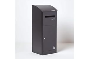 Extra Large Smart Parcel Box With Slanted Roof Top Black Strong Metal Drop Box With Front Access Door for Safe and Secure Multiple Deliveries Wall Floor Gate Mounting Weatherproof Outdoor Delivery Box