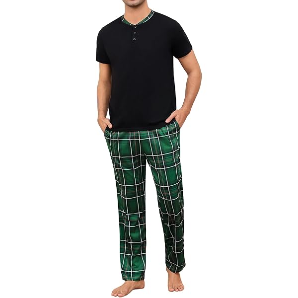 Marvmys Pyjama's voor heren, katoen, tweedelig, V-hals, korte mouwen en broek, lange pyjama's, contrasterende kleuren, licht, zacht, Blauw, M