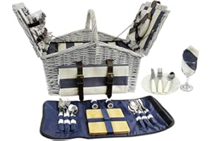 HappyPicnic Huntsman Picknickkorb aus Weiden für 4 Personen mit Doppel-Deckel und Kühlfach, Picknickset mit Decke, Besteck (Marineblaue Streifen)