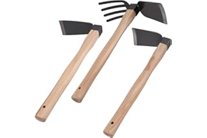 CHEUKYIU Garden Tools Set with 3 Garden Hoes, Includes Wide Flat Hoe, Narrow Flat Hoe, Four Teeth Hoe, Garden Hoe Black Hoe with Wood-Coloured Handle for Garden Care, Ground Bea