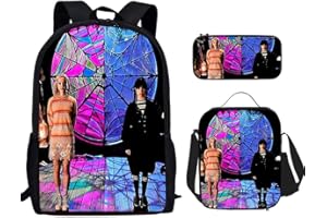 HAOYUNLAI Mercredi Sac à Dos, 3 pièces Trousse Cartable Mercredi Addams Sac à Dos avec Sac à Lunch et Trousse à Crayons, Mercredi Addams Sac À Dos D'école pour Adolescents Filles (Style 7, 16 Pouces)