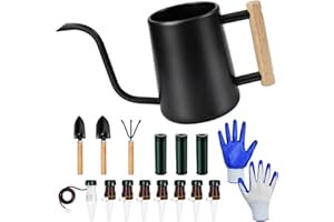 SLTAXAR Set con Regadera Negra 1 L con Mango para Plantas + 8 PCS Riego Automático para Plantas + 3 Rollos Alambre Floral Verde 100m x φ0.7mm + 3 Palas y Rastrillos Pequeños + Guantes Jardín Adulto