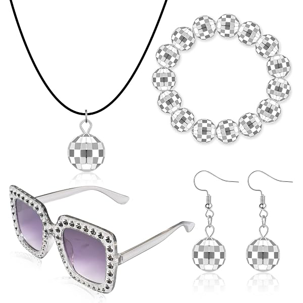 Disco Accessoires Set 6-teilig Für 70er/80er Jahre Party - Glitzer Stirnband, Ohrringe, Schal, Sonnenbrille, Armband & Ring