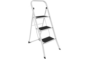 Home Vida 3 Step Ladder - Heavy Duty Steel Folding Ladder with Slip-Resistant and Wide Steps, Folding Mechanism, 150kg Max Load, Home/Kitchen/DIY/Garden Use, White