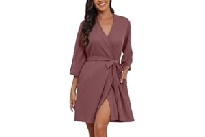 PrinStory Womens Dressing Gown Waffle Soft Kimono Robe V-Neck Short Knit Bathrobe Nightwear Sleepwear