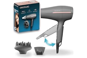 Cecotec Secador de Pelo de Viaje IoniCare Power&Go Heaven Grey. 2000W, 2 Temperaturas, 2 Velocidades, Función de Aire Frío, Boquilla Concentradora y Difusor, Anilla para Colgar