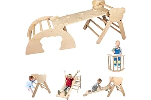 BommJokker Klettergerüst Indoor, Kletterdreieck, Kletterbogen, Kletterdreieck mit Rutsche, 4 in 1 multifunktionaler Indoor Spielplatz für Kinder ab 3+ Jahren (Holzfarbe)