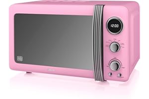 Swan Retro SM22030LPNEU Micro-ondes Numérique 20L, 5 Niveaux de Puissance, Fonction Décongélation, Minuterie 60 Minutes, Porte à Effet Miroir, Plateau Tournant 27cm, Design Vintage, Rose, 800W