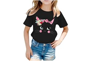 Vuncio Kids T Shirts Girls Age 2-14 Years Cat Funny Graphic Short Sleeve Round Neck Tshirts Teenage Girls Spring Summer Casual Jogging Athletic Cartoon Cute Blouse