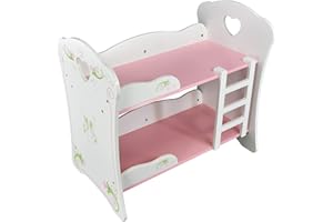 THE MAGIC TOY SHOP BiBi Doll Wooden Bunk Bed for Baby Dolls - White & Pink Double Cot Toy with Removable Ladder - Reborn Accessories for Nursery Role Play, Girls & Boys Aged 3+