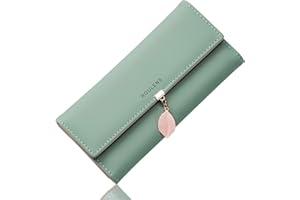 Roulens Portafoglio da donna in pelle sintetica con blocco RFID, portafoglio con bottoni a pressione a forma di foglia