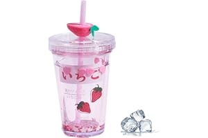 BSOMAM 15oz Cute Water Bottle With Straw, Glitter Double Wall Water Bottle With Straw Kawaii Cup Strawberry Water Bottle Kawaii Cups Kawaii Stuff Avocado for Gifts (Pink)