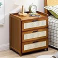 Nightstand, Natural Bamboo Bedside Table with 3 Drawers, Small Retro Rattan End Table for Office Bedroom Dorm, Durable Side Table Night Stand for Living Room Sofa Beside (Walnut, 42 * 31 * 50cm)
