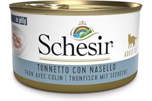 Schesir, Mokra karma dla dorosłych kotów o smaku tuńczyka z morszczukiem, miękka galaretka - łącznie 2 kg (24 puszki jednodawkowe 85 g)