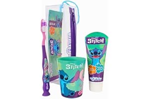 MR WHITE Disney Stitch - Set di spazzolini da denti per bambini, con setole morbide, ventosa e tappo protettivo, dentifricio alla menta e bicchiere multiuso, kit per l'igiene orale da viaggio per bambini dai 3