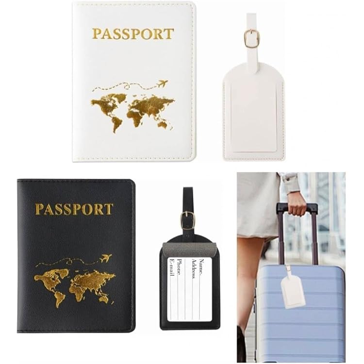 4PCS Set Protege Passeport - 2 Etuis PU + 2 Etiquettes Valise Noir Et Blanc