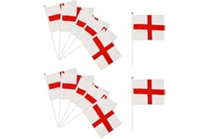 QERICH 12 Pcs England Flag,St. Georges Day Flags on Sticks Decorations Small St George Decoration English Hand Held Flags with White Pole Accessories,for Car Six Nations Rugby Football Garden Party Decor