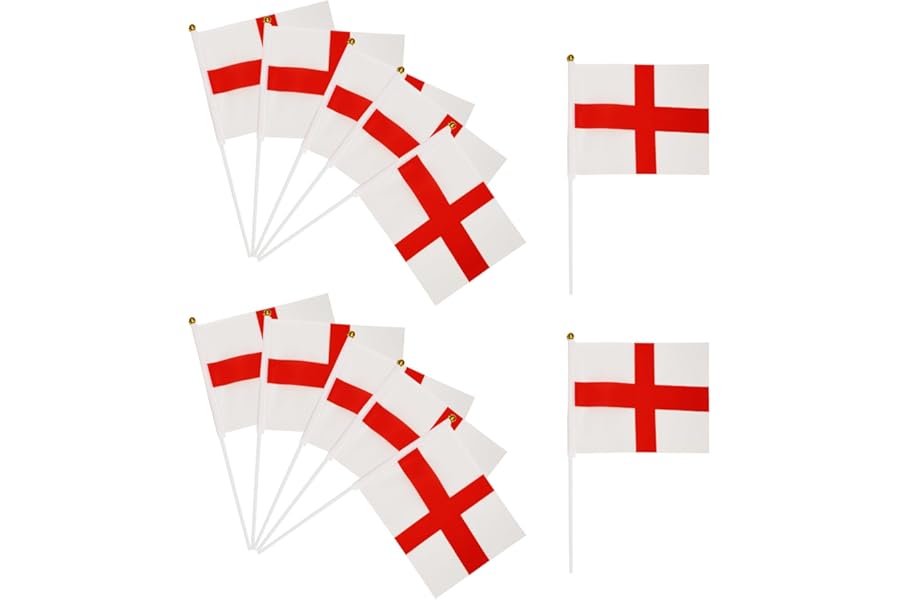 12 Pcs England Flag,St. Georges Day Flags on Sticks Decorations Small St George Decoration English Hand Held Flags with White Pole Accessories,for Car Six Nations Rugby Football Garden Party Decor