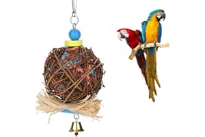 SEULLY Bird Parrot Toy,Bird Chew Toy Woven Bamboo Bird Shredders,Natural Rattan Ball Come with Paper Strips and Metal Bell,Bird Parrot Toys Swing for Birds,Parakeets,Parrot Perched