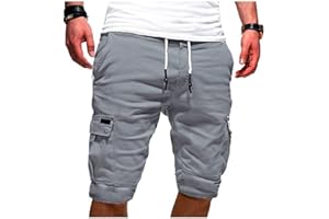 EMATOP Kurze Hosen Herren Sommer Baumwolle Cargo Shorts Chino Laufshorts Einfarbig Locker Cargohose mit 6 Taschen Sommerhose Regulär Fit Sporthose Elastischer Bund Freizeithose für Männer