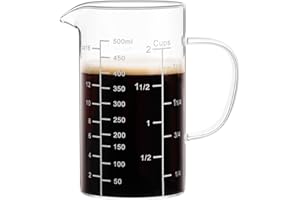 PARACITY Messbecher Glas 500ml Mit Drei Skalen, V-förmiger Öffnung Und Griff - Measuring Cup für Küche Oder Restaurant