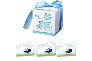 C.X.Y. 100pz Scatola Cubo Passeggino + Bigliettini Da Bomboniera Preforati Formato A4 Nascita Battesimo (AZZURRO)