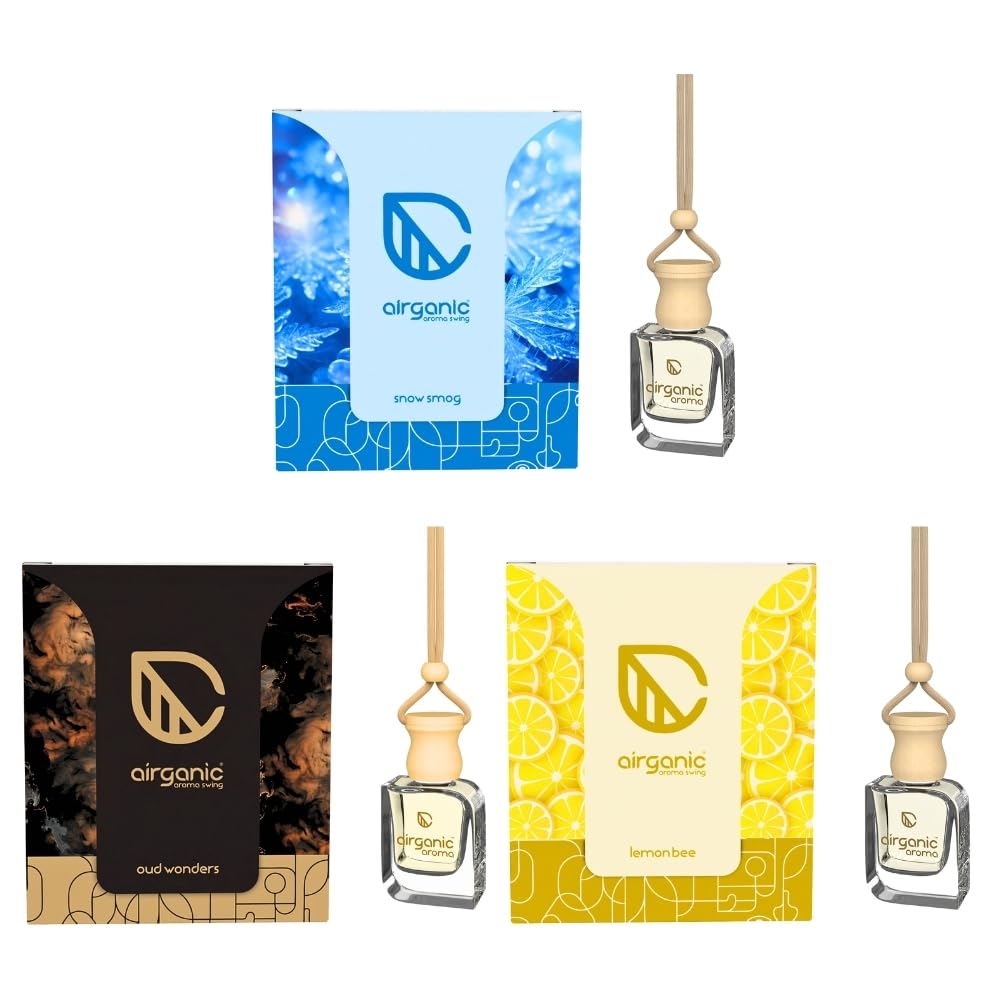 AIRGANIC Aroma Swing Combo Offer: Lemon Bee, Oud wonder & Snow Smog | Aroma with Essential Oils in Glass Bottle with Wooden D