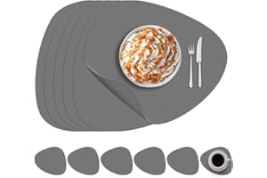 THATSRAD 6 Pz Tovagliette in Pelle Tovagliette Americane Lavabili Ovali 41*34cm Tovagliette Colazione Antiscivolo Impermeabili Tovaglietta Lavabile con Sottobicchiere per Cucine Ufficio Hotel, Grigio