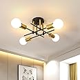 Pheashine Industrial Chandeliers Ceiling Light Living Room, 4-Light Semi Flush Mount Ceiling Lamp with E27 Base, Modern Vintage Ceiling Lighting Fixture for Kitchen Bedroom Dining Room(Black & Gold)