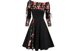 JKJFJKA Weihnachten Schulterfrei Kleider für Damen Vintage Druck Patchwork A-Linie Kleid Lässig Locker Fließend Swing Cocktail Party Abschlussball Kleider Weihnachten Maxi Kleid für Damen