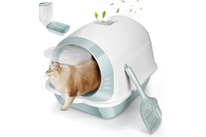 Myiosus Cat Litter Tray with Hood, Enclosed Cat Litter Box with Lid & Flap Door, Hooded Litter Tray for Small Cats, Kitten Litter Tray Plastic Toilet Up to 5.5kg, 50x35x37cm, White/Blue