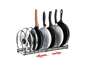 Amig - Organizzatore Estensibile per Padelle - Da 6 a 10 Scomparti - Acciaio Nero - Porta Coperchi e Padelle da Cucina - Dimensioni: 20 x 24 x 30-57 cm