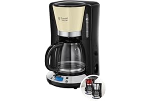 Russell Hobbs Cafetera de Goteo Colours Plus - 15 Tazas, Jarra Cristal 1,5L, Soporte Filtro Extraíble, Tecnología WhirlTech, Cuchara Medidora, Pantalla LCD, Programable, Negro y Crema - 24033-56