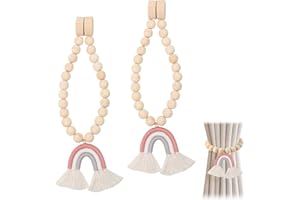 IETWATE 2PCS Curtain Tie Backs, Rainbow Tassel Pendant Magnetic Tie Backs for Curtains, Wooden Bead Magnetic Curtain Tiebacks, Boho Decor Curtain Ties, for Bedroom Nursery Farmhouse