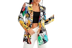 FLYCHEN Women's Suit Individual Floral Jacket Lapel Suit Blazer Open Front Casual Suit Fashion Graffiti Office Suit