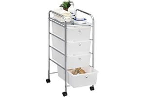 IDIMEX Caisson sur roulettes SANO Chariot avec 4 tiroirs en Plastique Blanc Transparent et 1 étagère, Meuble de Rangement pour Salle de Bain en métal chromé