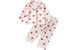 HODJIU Kids Baby Boy Girl Cotton Pajamas Set Pjs Valentine's Day Pyjamas 2 Pcs Long Sleeve Button Sleepwear Shirt Tops Long Pants Nightwear Homewear Heart Printed Outfit