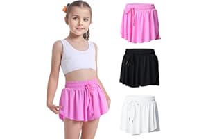 FREENFOND 3 Pack Girls Flowy Shorts 2 in 1 Butterfly Skirt Shorts with Pockets for Dance School Wear Running Gym Fitness Sleep