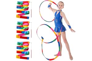 HMCEY 3 Pcs Dancing Ribbons for Children 2M Rhythmic Gymnastic Ribbon Wand Rainbow Dancer Ribbon Sticks Colorful Ribbon Streamers with 30cm Rod for Gym,Circus Training,Kids Artistic Dancing,Birthday Party