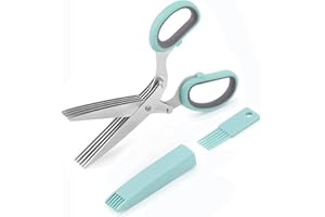 GEEKHOM Kräuterschere - Edelstahl Küchenschere 5 Klingen Gewürzschere zum Zerkleinern von Gemüse, Schnittlauch, Kräuter, Rosmarin, Scharfe Kochschere mit Hülle und Reinigungskamm, Blau