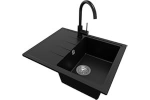 PRIMAGRAN Granitspüle Schwarz 62x50cm, Spülbecken 1 Becken + Küchenarmatur 32x20cm + Ablauf-Set, Küchenspüle ab 40er Unterschrank - Mailand S057