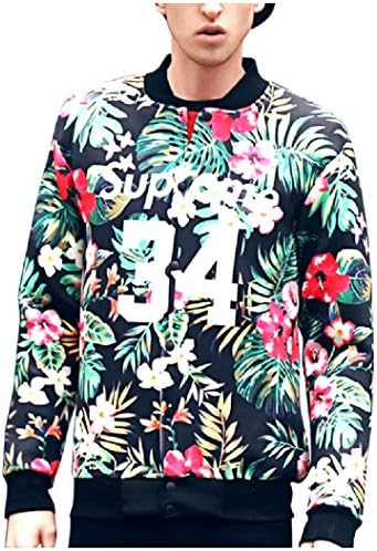 Aprilley Men's Stand Collar Floral Letters Printed Coat Bomber Jacket -  - 