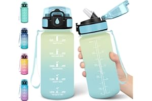 Motswedi Gourde Enfant, 500 ml Anti-Fuite, Gourde Paille, avec Marqueur de Temps, Bouteille d'eau, Poignée de Transport, Bouteille avec Paille, pour L’école, Sport, Yoga, Blanc Cassé Bleu Clair