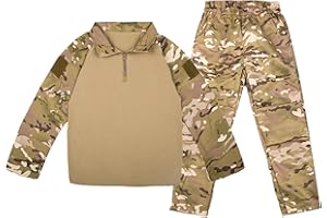QIYUANT Enfant Ensembles T-Shirt & Pantalon Tactique Camo Airsoft Militaire Camouflage Printemps Été Automne Manche Longue Combat Chasse Randonnée Camping en Plein Air pour Garçons Fille Homme Femme