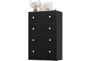 Nicehill Chest of Drawers with 4 Drawers, Wooden Frame & Gold Handles, Fabric Chest of Drawers for Bedroom, Living Room, Hallway, Entryway, Black