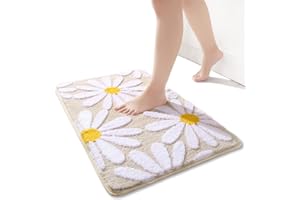 QJHOMO Tapis de salle de bain beige - Tapis de bain mignon marguerites - Antidérapant - Lavable - Motif fleurs blanches et jaunes - Tapis de bain doux et absorbant - 50 x 80 cm