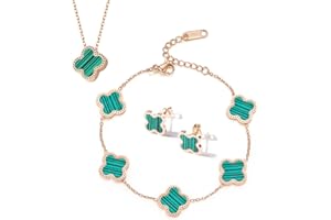 FARONG Rayinblue Fashionable Four-Leaf Clover Jewelry Set,Women Titanium Steel Necklace Stud Earrings Bracelet Set Dainty Enamel Jewelry Set for Teen Girls Women (Green)