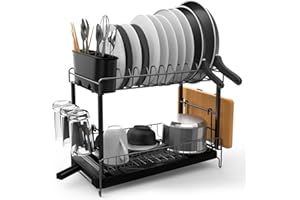 TONGKTAI Escurridor de Platos, Estante de Drenaje de 2 Niveles con Bandeja de Goteo, Estante de Secado de Platos de Acero Inoxidable Antioxidante para Encimera de Cocina o Fregadero, Negro