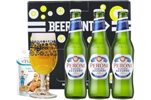 BEER HUNTER Peroni Nastro Azzurro Premium Italian Lager Gift Set – 3 x 330ml Bottles (5% ABV) with Beerhunter Glass & Mr Filberts Snacks | Italian Beer Gift Box for Him or Her